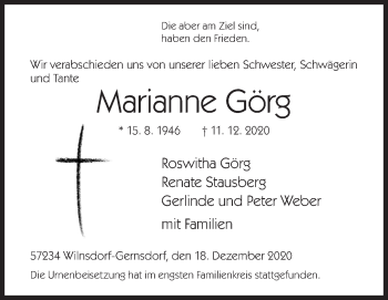 Traueranzeige von Marianne Görg von Siegener Zeitung