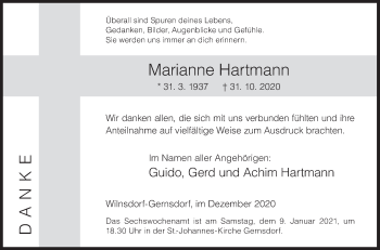 Traueranzeige von Marianne Hartmann von Siegener Zeitung