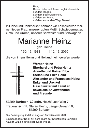 Traueranzeige von Marianne Heinz von Siegener Zeitung
