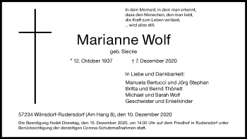 Traueranzeige von Marianne Wolf von Siegener Zeitung