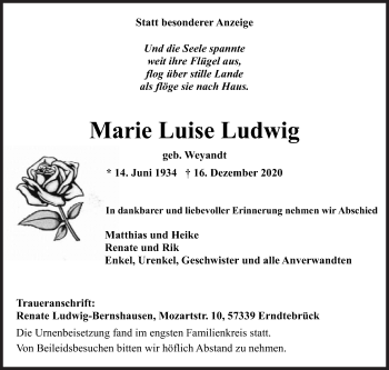 Traueranzeige von Marie Luise Ludwig von Siegener Zeitung