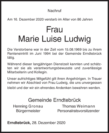 Traueranzeige von Marie Luise Ludwig von Siegener Zeitung