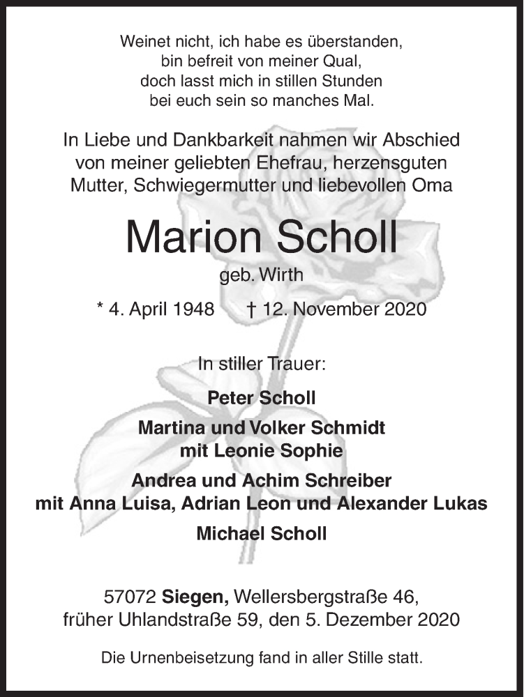  Traueranzeige für Marion Scholl vom 05.12.2020 aus Siegener Zeitung