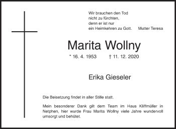 Traueranzeige von Marita Wollny von Siegener Zeitung