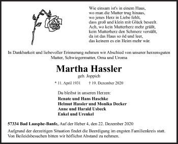 Traueranzeige von Martha Hassler von Siegener Zeitung