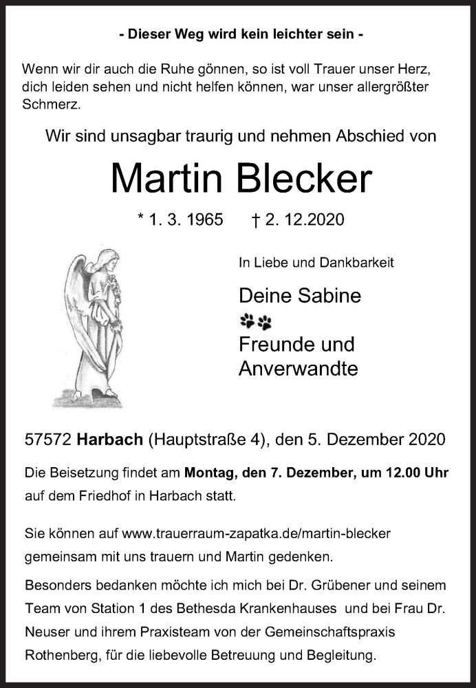  Traueranzeige für Martin Blecker vom 05.12.2020 aus Siegener Zeitung