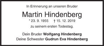 Traueranzeige von Martin Hindenberg von Siegener Zeitung
