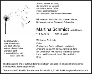 Traueranzeige von Martina Schmidt von Siegener Zeitung