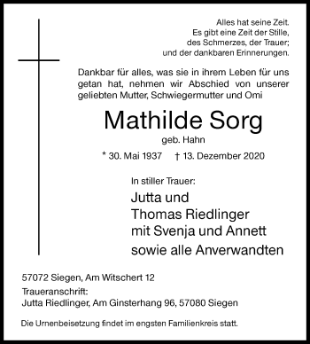 Traueranzeige von Mathilde Sorg von Siegener Zeitung