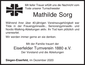 Traueranzeige von Mathilde Sorg von Siegener Zeitung