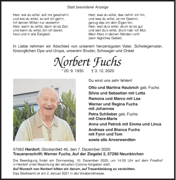 Traueranzeige von Norbert Fuchs von Siegener Zeitung