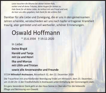 Traueranzeige von Oswald Hoffmann von Siegener Zeitung