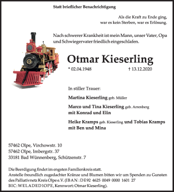 Traueranzeige von Otmar Kieserling von Siegener Zeitung