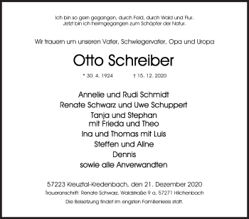Traueranzeige von Otto Schreiber von Siegener Zeitung