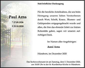 Traueranzeige von Paul Arns von Siegener Zeitung