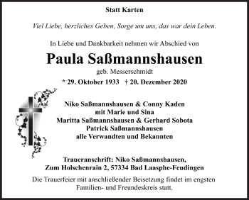 Traueranzeige von Paula Saßmannshausen von Siegener Zeitung