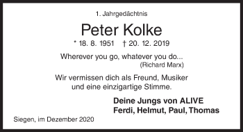 Traueranzeige von Peter Kolke von Siegener Zeitung
