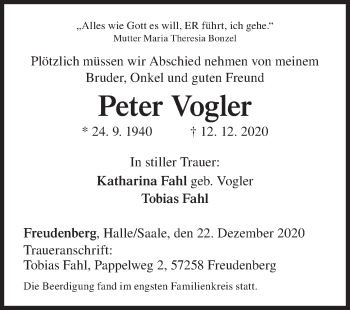 Traueranzeige von Peter Vogler von Siegener Zeitung