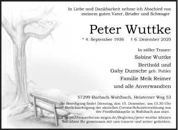 Traueranzeige von Peter Wuttke von Siegener Zeitung