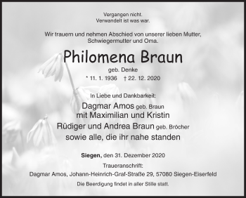 Traueranzeige von Philomena Braun von Siegener Zeitung