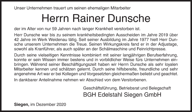  Traueranzeige für Rainer Dunsche vom 04.12.2020 aus Siegener Zeitung