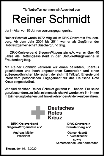 Traueranzeige von Reiner Schmidt von Siegener Zeitung
