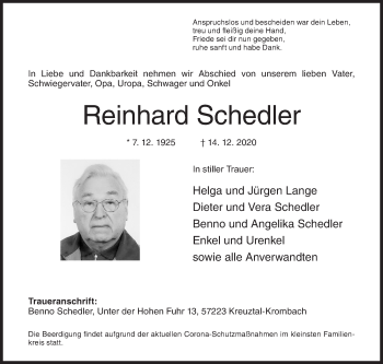 Traueranzeige von Reinhard Schedler von Siegener Zeitung