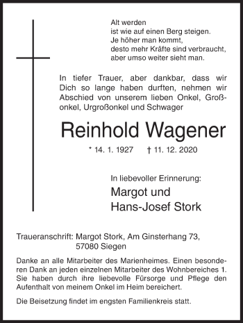 Traueranzeige von Reinhold Wagener von Siegener Zeitung