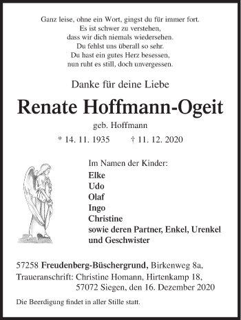 Traueranzeige von Renate Hoffmann-Ogeit von Siegener Zeitung