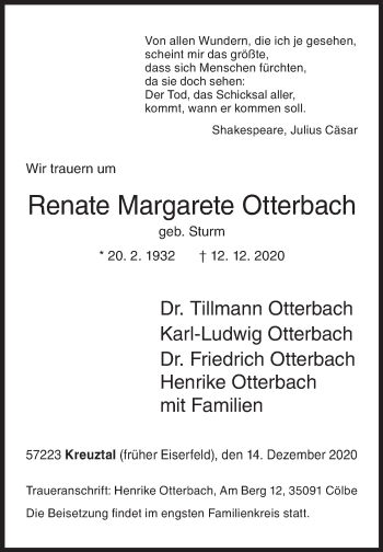 Traueranzeige von Renate Margarete Otterbach von Siegener Zeitung