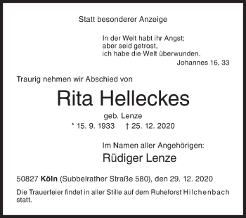 Traueranzeige von Rita Helleckes von Siegener Zeitung
