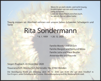 Traueranzeige von Rita Sondermann von Siegener Zeitung