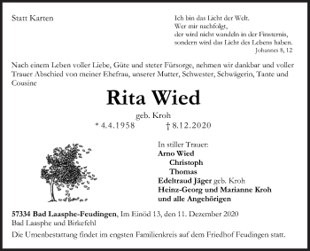 Traueranzeige von Rita Wied von Siegener Zeitung
