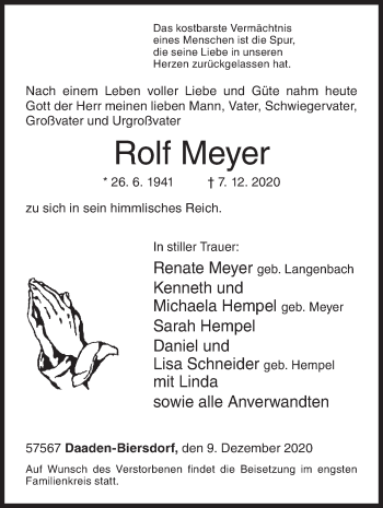 Traueranzeige von Rolf Meyer von Siegener Zeitung