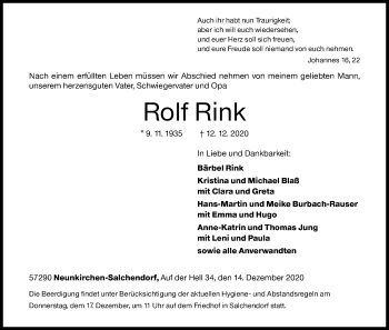Traueranzeige von Rolf Rink von Siegener Zeitung