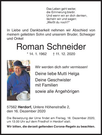 Traueranzeige von Roman Schneider von Siegener Zeitung