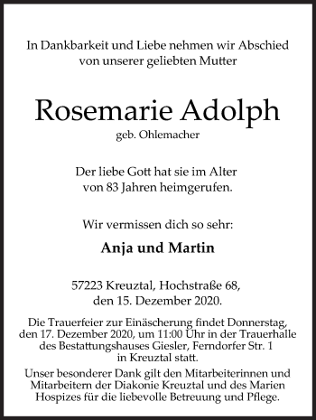 Traueranzeige von Rosemarie Adolph von Siegener Zeitung