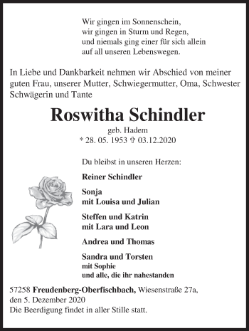 Traueranzeige von Roswitha Schindler von Siegener Zeitung