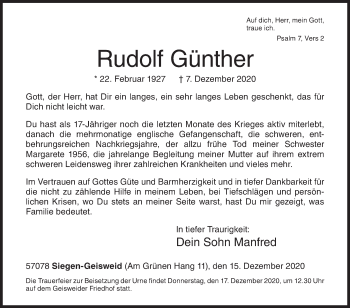 Traueranzeige von Rudolf Günther von Siegener Zeitung