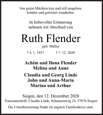 Traueranzeige von Ruth Flender von Siegener Zeitung