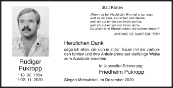 Traueranzeige von Rüdiger Pukropp von Siegener Zeitung