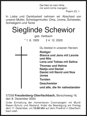 Traueranzeige von Sieglinde Schewior von Siegener Zeitung