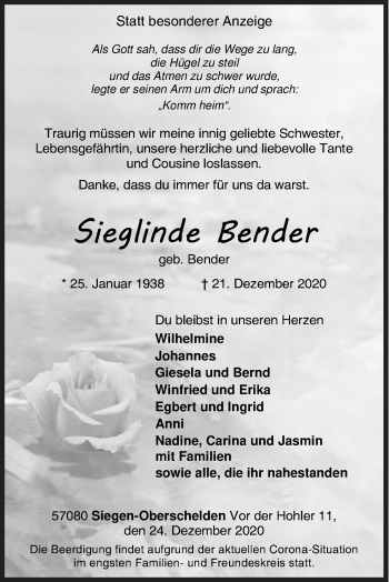 Traueranzeige von Sieglinde Sender von Siegener Zeitung