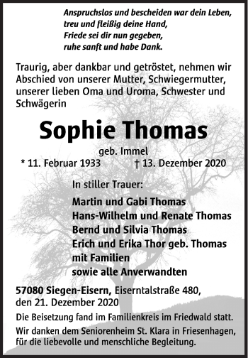 Traueranzeige von Sophie Thomas von Siegener Zeitung