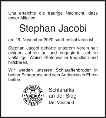 Traueranzeige von Stephan Jacobi von Siegener Zeitung