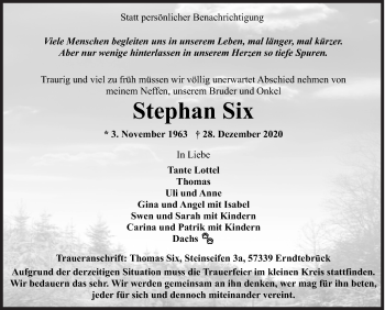 Traueranzeige von Stephan Six von Siegener Zeitung