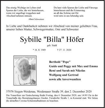 Traueranzeige von Sybille Höfer von Siegener Zeitung