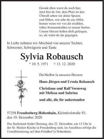 Traueranzeige von Sylvia Robausch von Siegener Zeitung