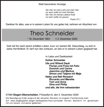 Traueranzeige von Theo Schneider von Siegener Zeitung