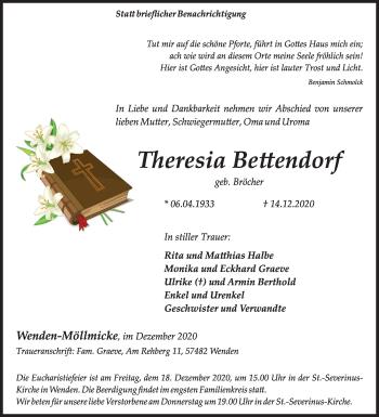 Traueranzeige von Theresia Bettendorf von Siegener Zeitung